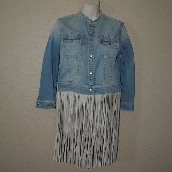 $698 Sz S The Perfext Blue Denim Cropped Jacket with Leather Fringe - Picture 1 of 8
